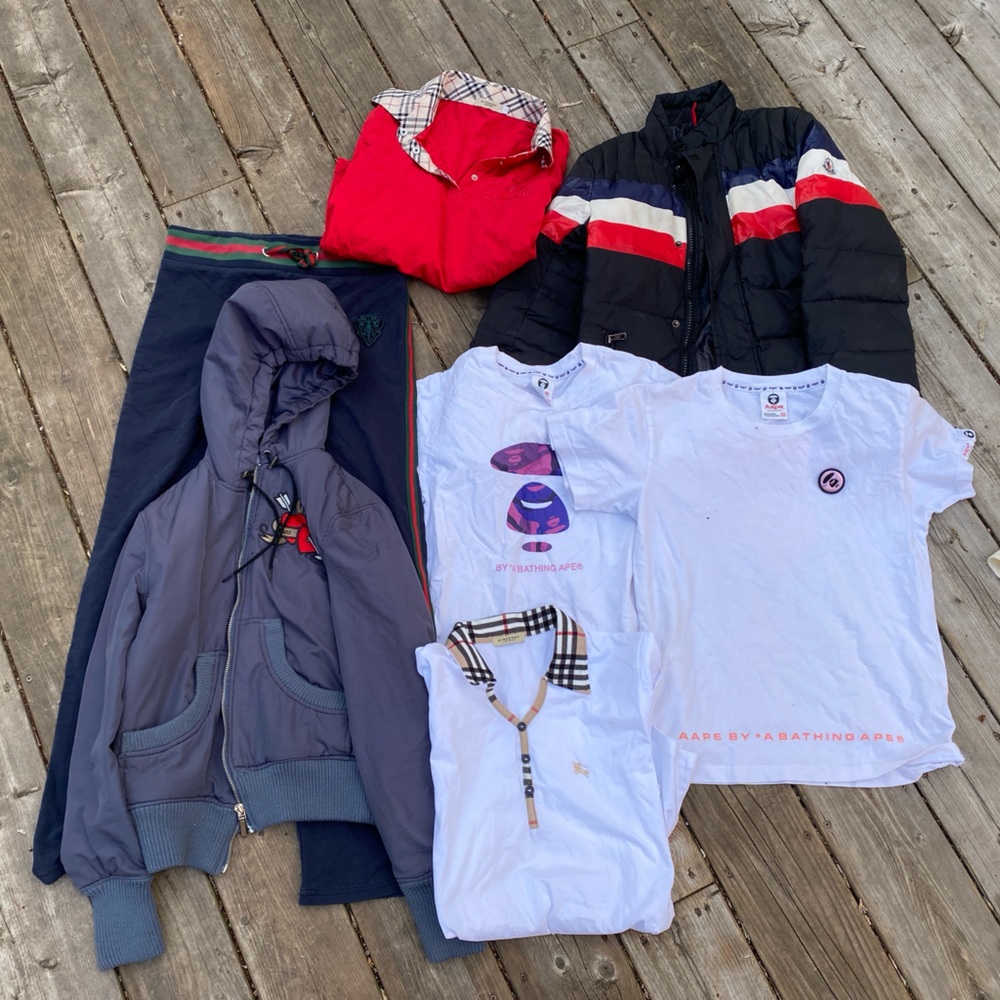 Lot of 7 women’s designer clothing - Moncler, Burberry, Bape, various sizes